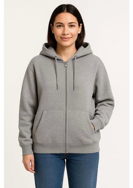 Üç Iplik Kapüşonlu Tam Fermuarlı Kanguru Çepli Sweatshirt Hoodie - Gri