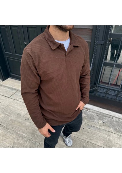 Erkek Fitilli Polar Sweatshirt – Düğmesiz Polo Yaka, Oversize Rahat Kalıp, Kalın Polar Kumaş, modelleri