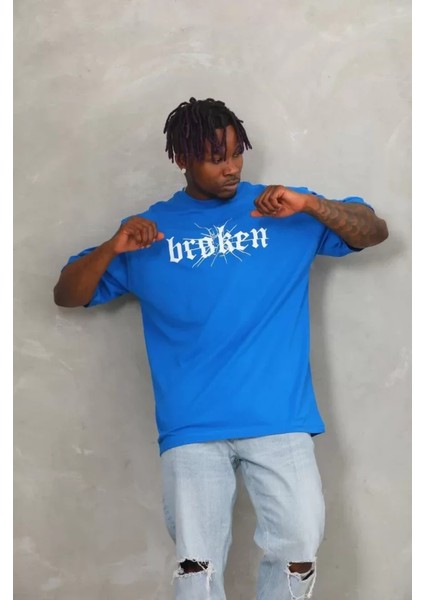 Unisex Oversize Baskılı Bisiklet Yaka T-Shirt - Mavi fiyatları