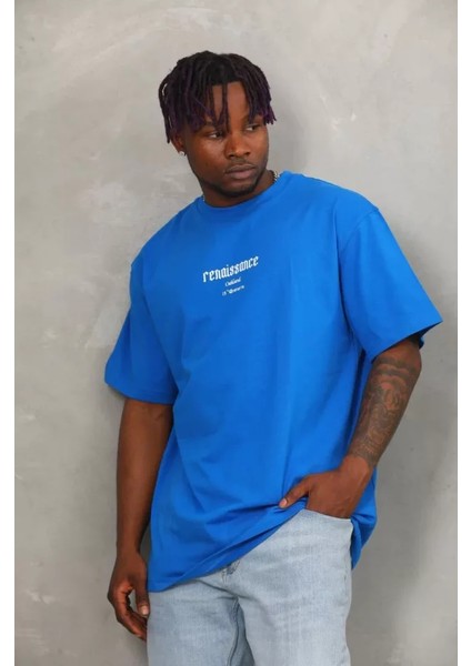 Unisex Oversize Baskılı Bisiklet Yaka T-Shirt - Mavi