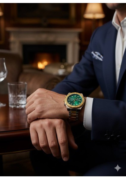 Versage Stil Erkek Kol Saati Gold Gümüş Yeşil Kadran Şık Çelik Erkek Kol Saati