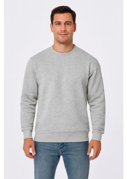 Erkek Üç Iplik Düz Bisiklet Yaka Sweatshirt - Gri