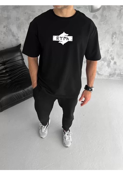 Unisex Bisiklet Yaka Baskılı Double Oversize T-Shirt - Siyah fiyatları