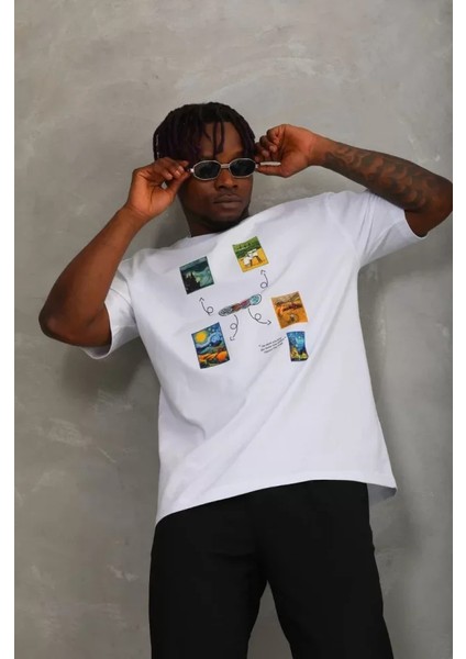 Unisex Oversize Baskılı Bisiklet Yaka T-Shirt - Beyaz fiyatları
