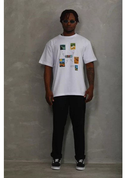 Unisex Oversize Baskılı Bisiklet Yaka T-Shirt - Beyaz modelleri