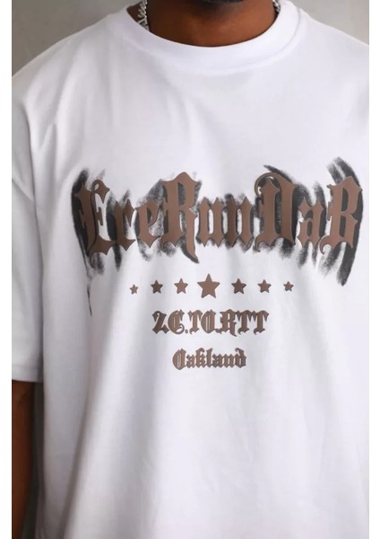Unisex Baskılı Oversize T-Shirt - Beyaz modelleri