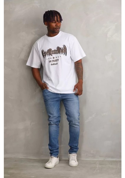 Unisex Baskılı Oversize T-Shirt - Beyaz fırsatları