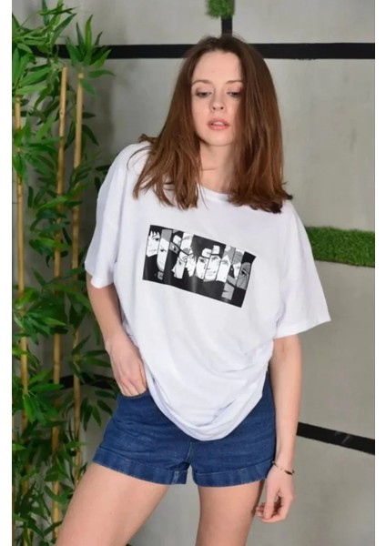 Unisex Bisiklet Yaka Baskılı Oversize T-Shirt - Beyaz fiyatları