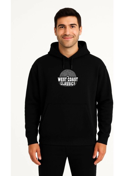 Erkek Üç Iplik Kapüşonlu Ön ve Arka Baskılı Sweatshirt Hoodie - Siyah fiyatları