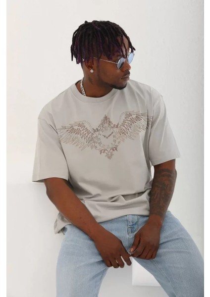 Unisex Oversize Taşlı Bisiklet Yaka T-Shirt - Gri modelleri