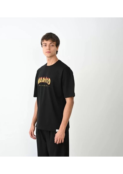 Unisex Bisiklet Yaka Baskılı Oversize T-Shirt - Siyah modelleri