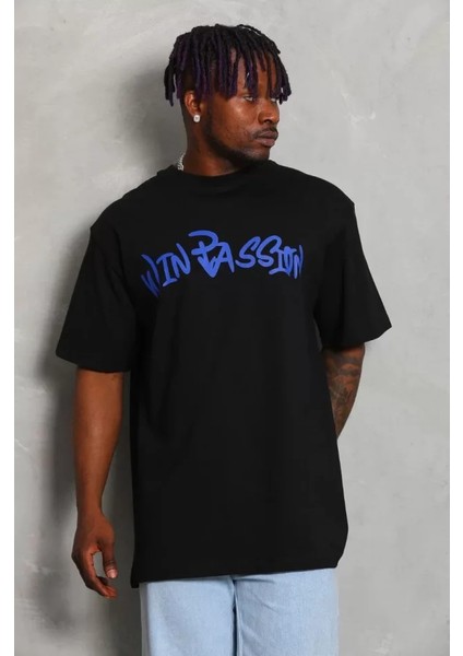 Unisex Oversize Baskılı Bisiklet Yaka T-Shirt - Siyah modelleri