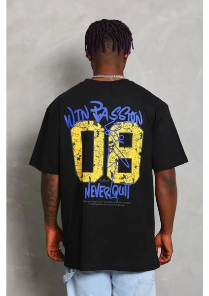 Unisex Oversize Baskılı Bisiklet Yaka T-Shirt - Siyah fırsatları