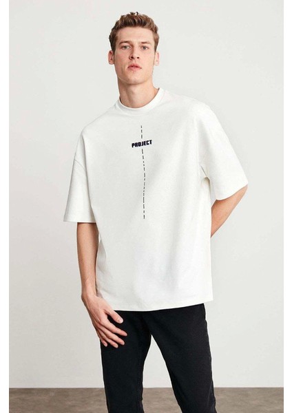 Unisex Baskılı Oversize T-Shirt - Beyaz