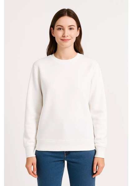 Üç Iplik Düz Bisiklet Yaka Sweatshirt - Beyaz fiyatları