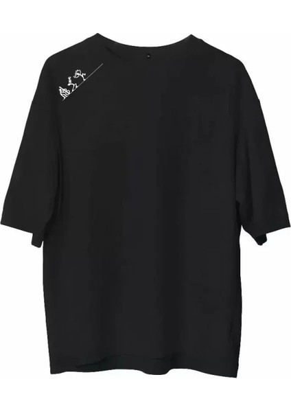 Unisex Bisiklet Yaka Baskılı Oversize T-Shirt - Siyah