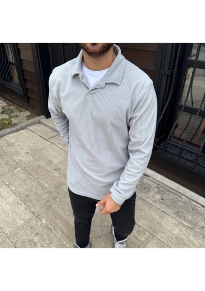 Erkek Fitilli Polar Sweatshirt – Düğmesiz Polo Yaka, Oversize Rahat Kalıp, Kalın Polar Kumaş, fiyatları