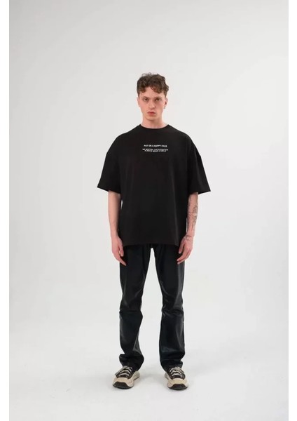 Unisex Bisiklet Yaka Baskılı Oversize T-Shirt - Siyah