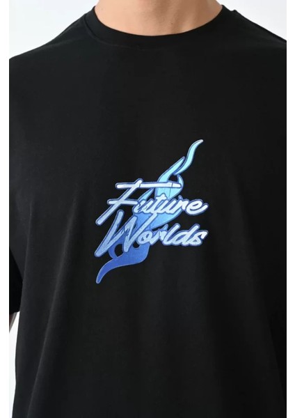 Unisex Bisiklet Yaka Baskılı Oversize T-Shirt - Siyah fiyatları