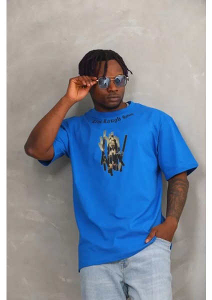Unisex Oversize Baskılı Bisiklet Yaka T-Shirt - Mavi
