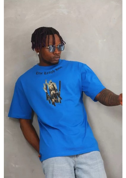 Unisex Oversize Baskılı Bisiklet Yaka T-Shirt - Mavi modelleri