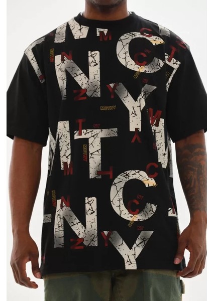 Unisex Baskılı Oversize T-Shirt - Siyah