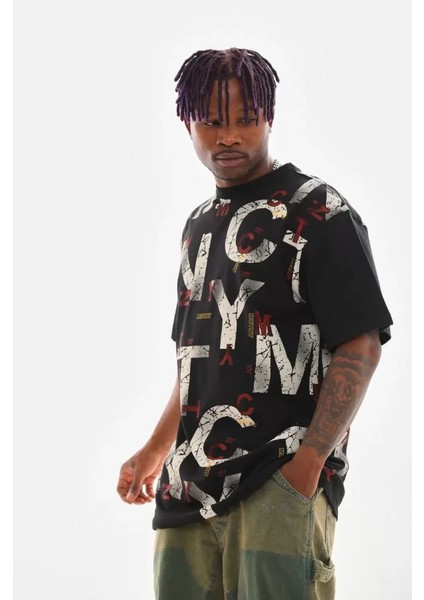 Unisex Baskılı Oversize T-Shirt - Siyah modelleri