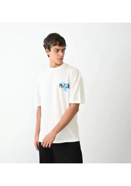 Unisex Bisiklet Yaka Baskılı Oversize T-Shirt - Beyaz