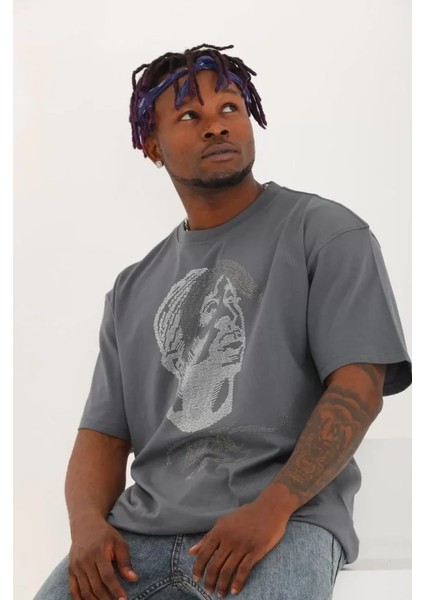 Unisex Oversize Taşlı Bisiklet Yaka T-Shirt - Füme fiyatları