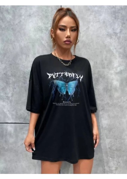 Unisex Baskılı Oversize T-Shirt - Siyah fırsatları