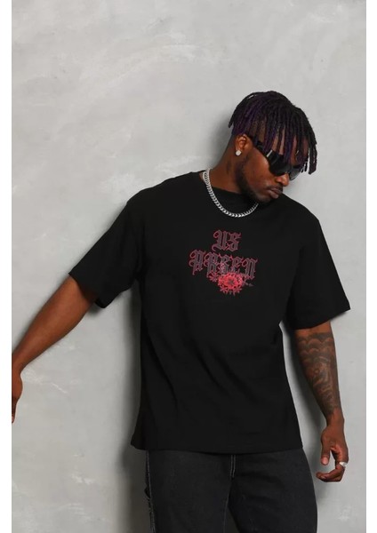 Unisex Oversize Baskılı Bisiklet Yaka T-Shirt - Siyah modelleri