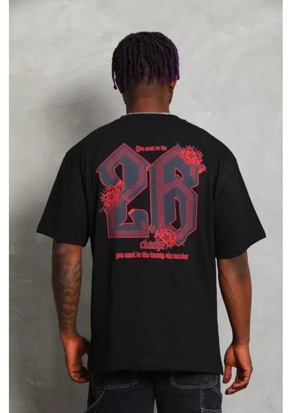 Unisex Oversize Baskılı Bisiklet Yaka T-Shirt - Siyah fırsatları