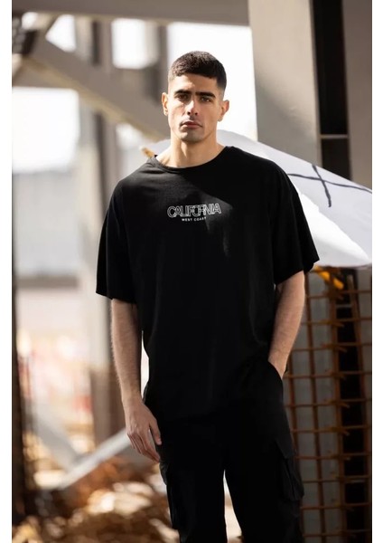 Unisex Bisiklet Yaka Baskılı Oversize T-Shirt - Siyah