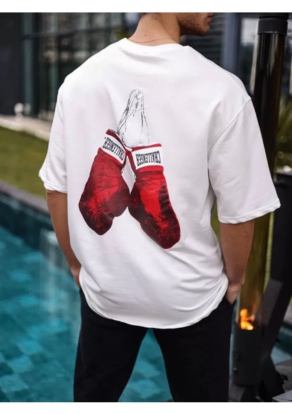 Unisex Bisiklet Yaka Baskılı Oversize T-Shirt - Beyaz fiyatları