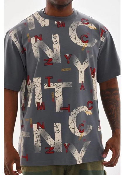 Unisex Baskılı Oversize T-Shirt - Füme