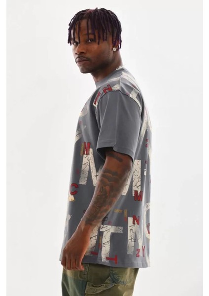 Unisex Baskılı Oversize T-Shirt - Füme fırsatları