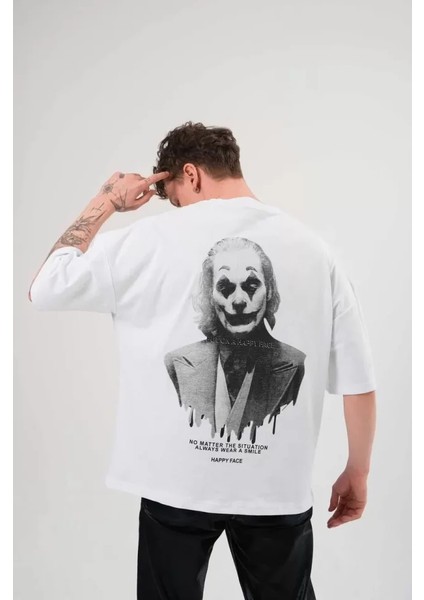 Unisex Bisiklet Yaka Baskılı Oversize T-Shirt - Beyaz modelleri