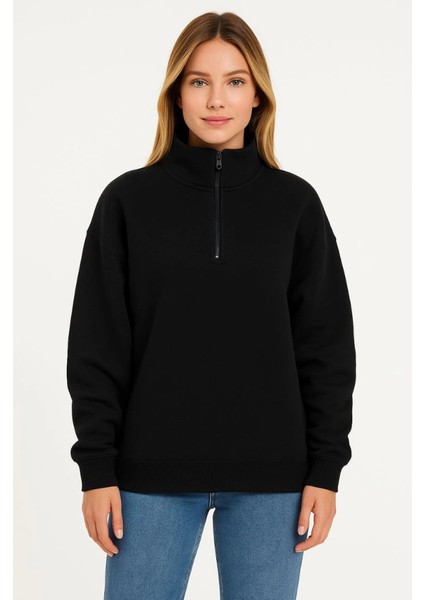 Üç Iplik Dık Yaka Yarım Fermuarlı Sweatshirt - Siyah fırsatları