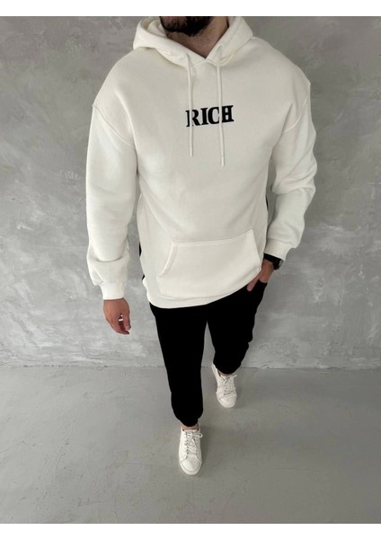 Uzun Kol Kapşonlu Göğüs Baskılı Sweatshirt - Beyaz