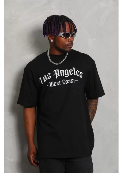 Unisex Oversize Baskılı Bisiklet Yaka T-Shirt - Siyah fırsatları