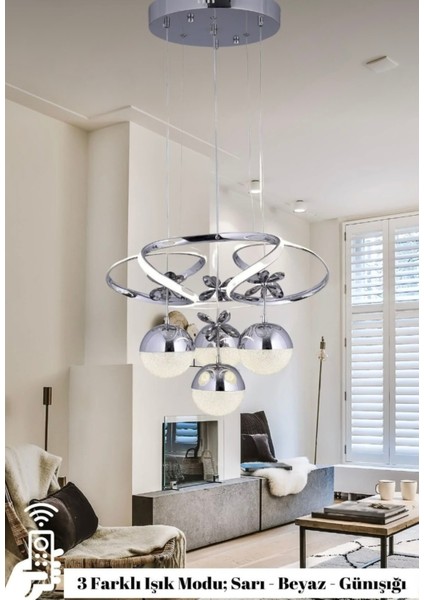 Kumandalı 3 Renk Işık Özellikli 4 Toplu Modern Krom Kaplama Sarkıt LED Avize Salon Avize