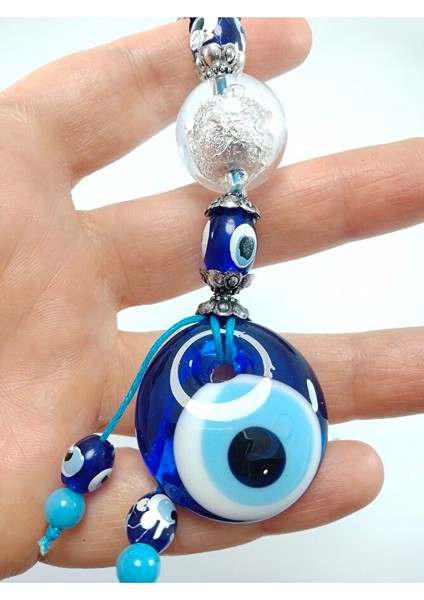 Nazar Boncuğu Anahtarlık El Yapımı Cam Aksesuar Parlak Beyaz Boncuklu Hediyelik Eşya