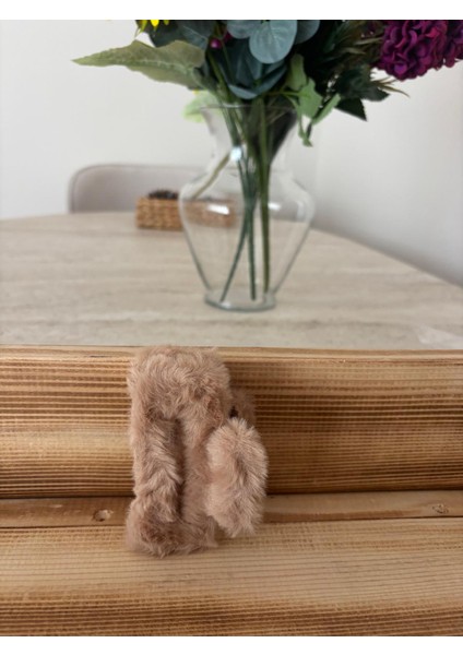 Peluş Kürk Mandallı Saç Tokası Küçük Camel Renk
