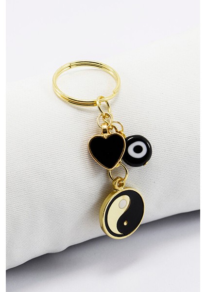 Siyah Cam Nazar Boncuklu Kalpli Yin Yang Küçük Anahtarlık, Hediyelik Çanta Süsü