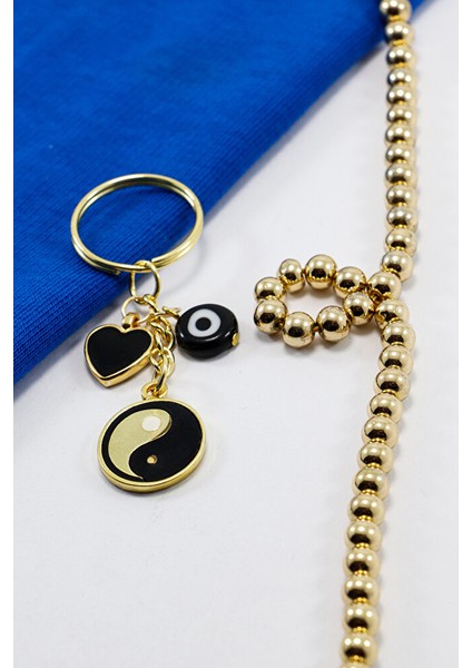 Siyah Cam Nazar Boncuklu Kalpli Yin Yang Küçük Anahtarlık, Hediyelik Çanta Süsü fiyatları