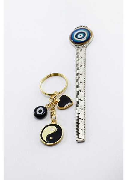 Siyah Cam Nazar Boncuklu Kalpli Yin Yang Küçük Anahtarlık, Hediyelik Çanta Süsü modelleri