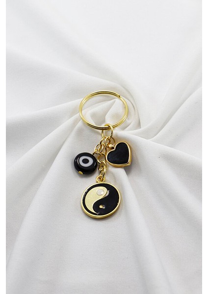 Siyah Cam Nazar Boncuklu Kalpli Yin Yang Küçük Anahtarlık, Hediyelik Çanta Süsü fırsatları