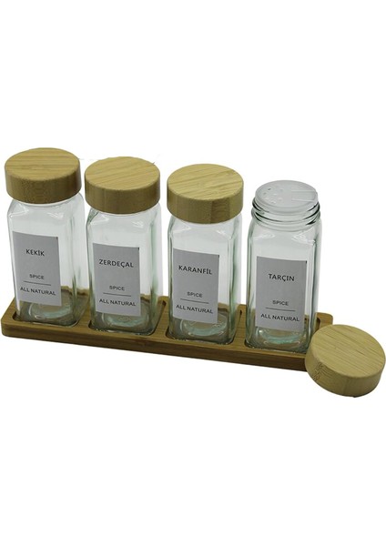 4&apos;lü Cam Baharatlık Seti, Bambu Kapaklı ve Standlı, Mutfak Organizatörü, Baharat Saklama Kabı