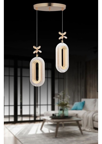 2'li Gold Kaplama Sarkıt LED Salon Avize 3 Renk Ledli