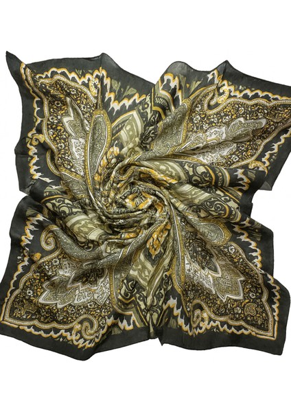 Kadın Siyah Zeminli Yeşil Sarı Etnik Desenli Soft Saten Kare Eşarp